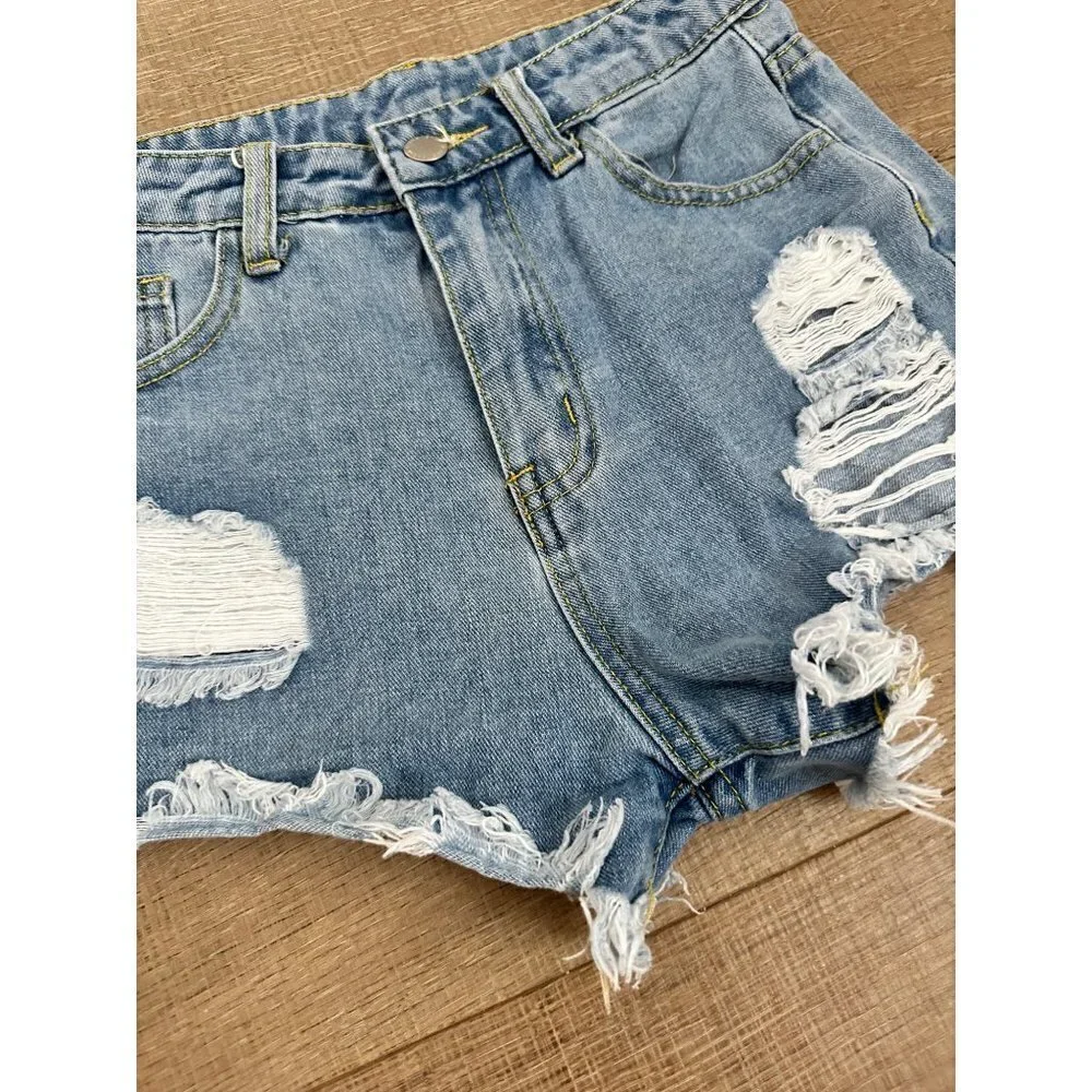 Distressed Denim High-Waisted Teen Shorts Frayed Hem Light Wash Size 10-11 Shein